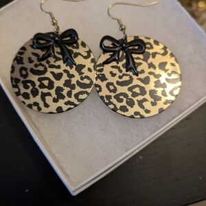 Leopard Print Earrings with Black Bow